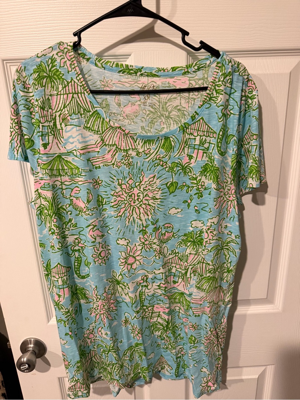 Lilly Pulitzer Light Blue Tropical Scoop Neck Tee with Green & Pink Print